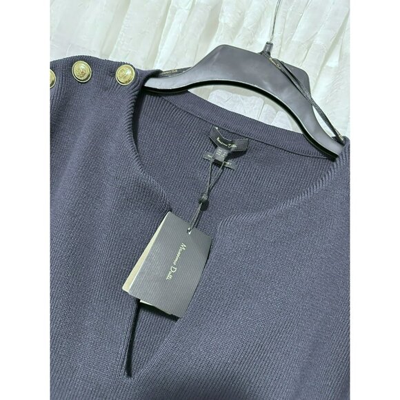 NWT Massimo Dutti Navy V Neck Sweater With Bell Sleeves Gold Buttons Size Small - Picture 3 of 8